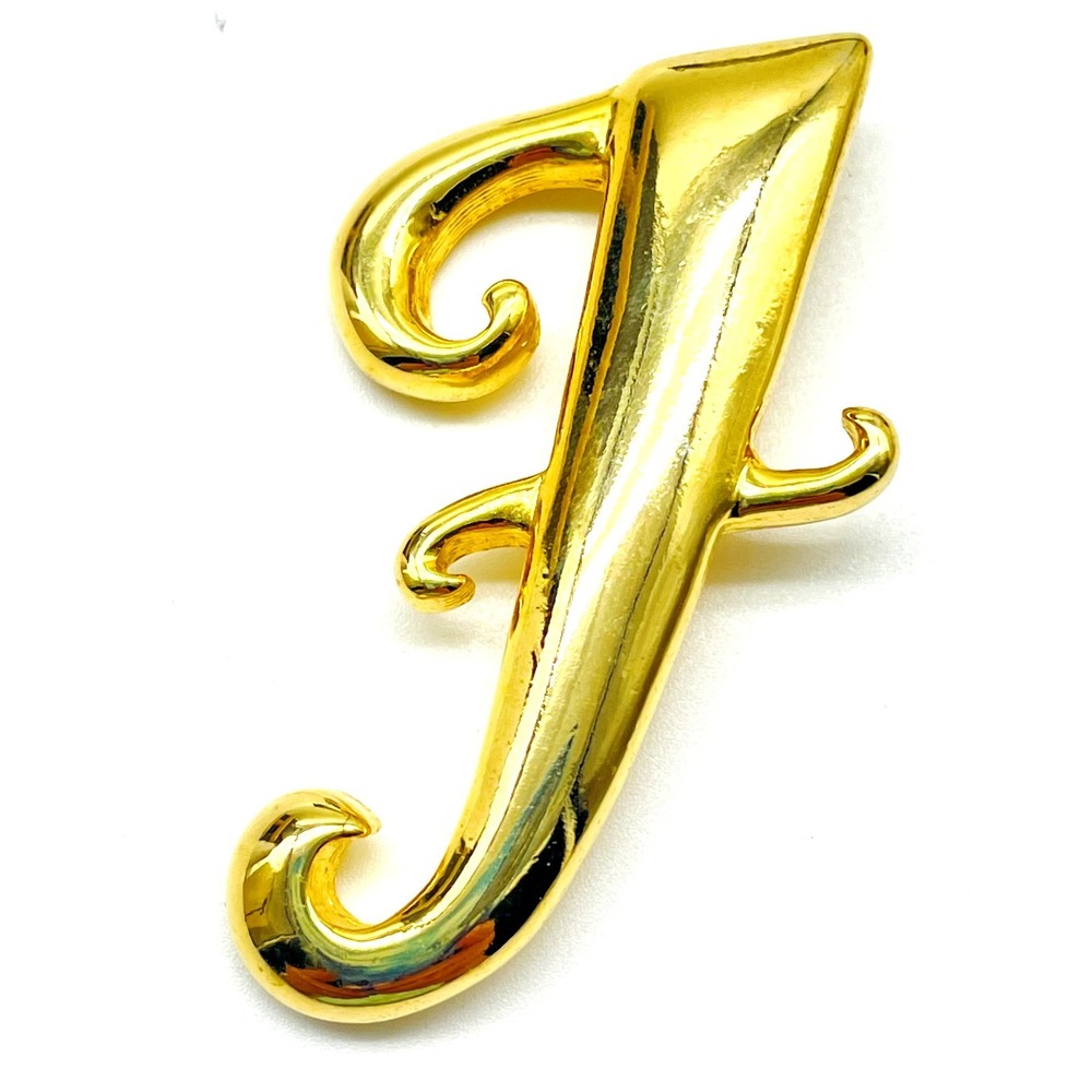 Vintage Gold Tone Brooch Pin Letter F Initial Monogram Personalized Alphabet
